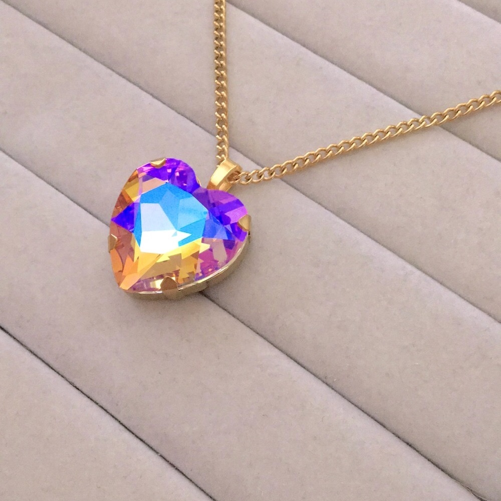 Iridescent Topaz Pink Rose Aurora Borealis + Gold Crystal Heart Drop Necklace - Picture 5 of 8